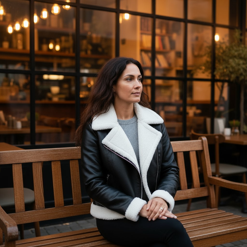 Woman sitting on a wooden bench in an indoor setting with a glass wall.