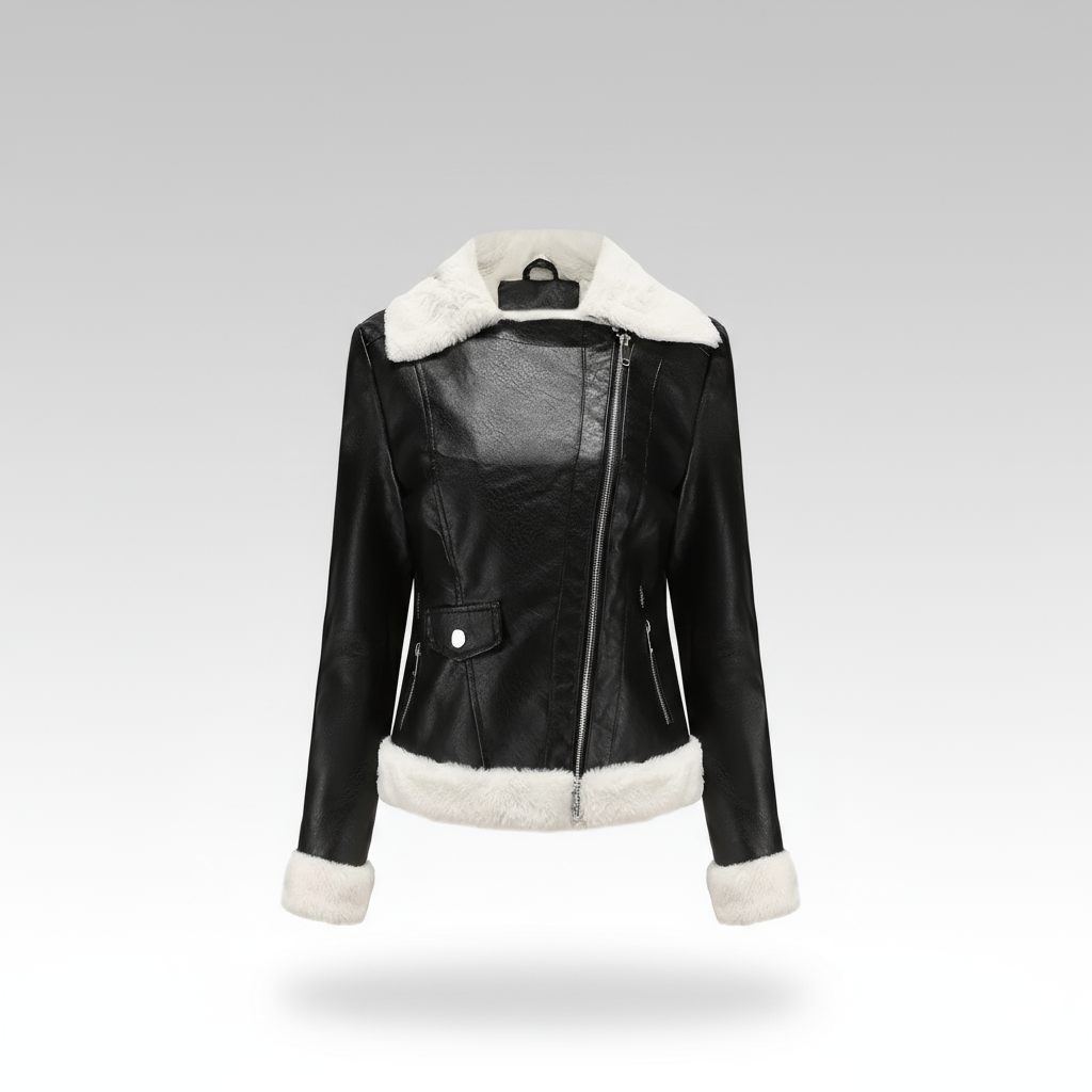 Black leather jacket with white fur trim on a gray background