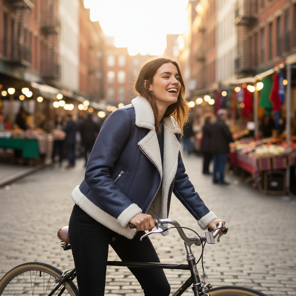 Woman riding a bicycle on a street with market stalls in the background