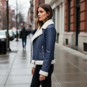 Woman wearing a blue jacket with white fur trim on a city street.