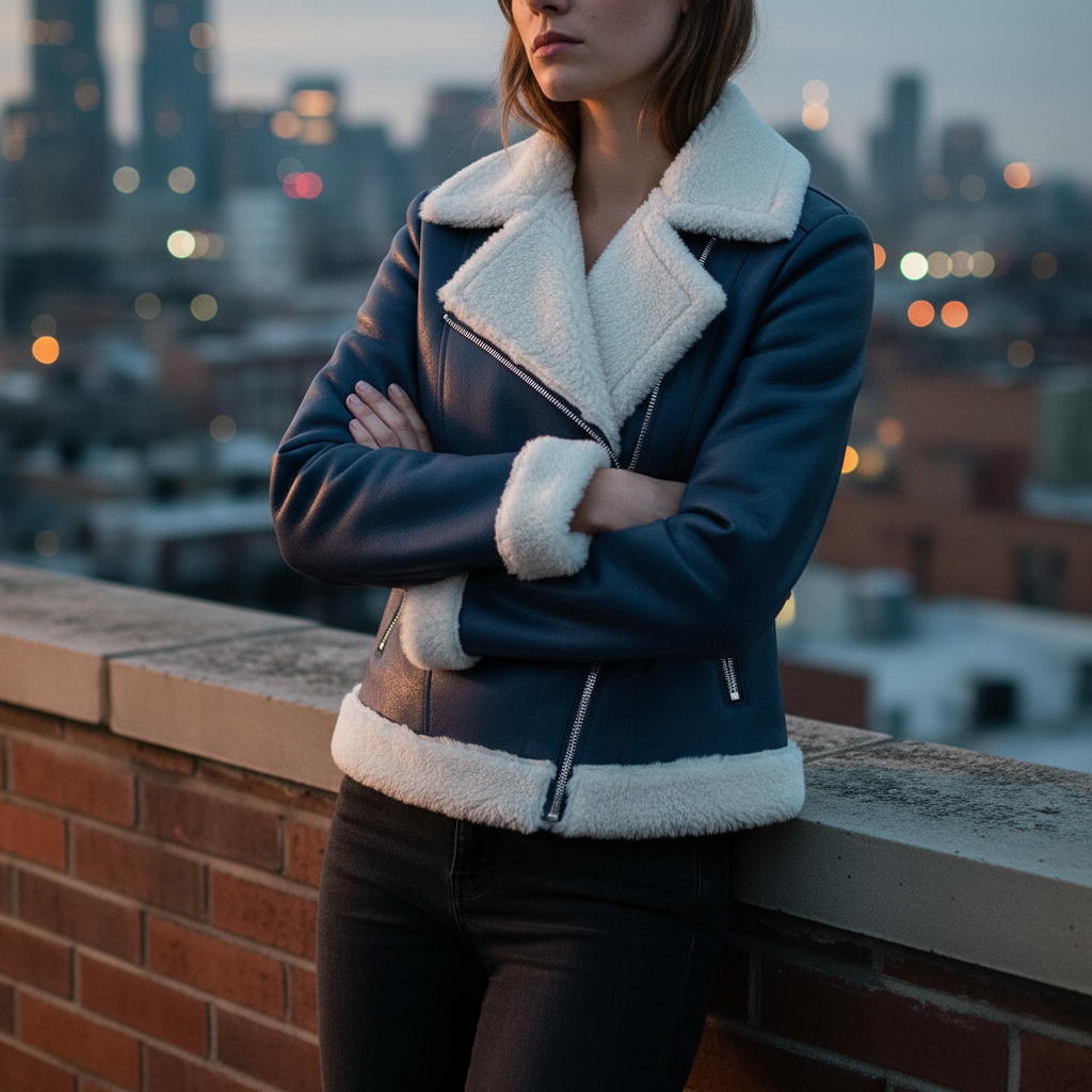 Person wearing a blue jacket with white fur lining, standing on a rooftop with cityscape in the background