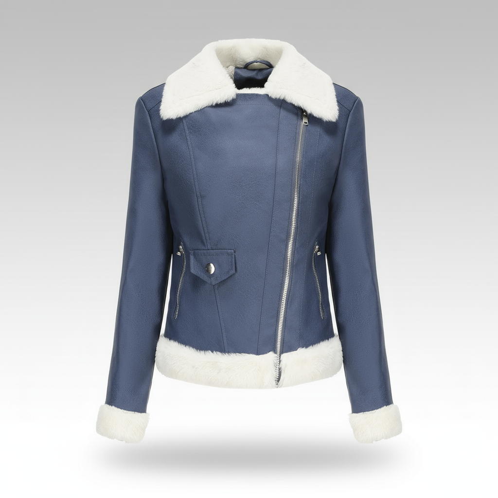Blue leather jacket with white fur trim on a gray background