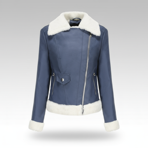 Blue leather jacket with white fur trim on a gray background