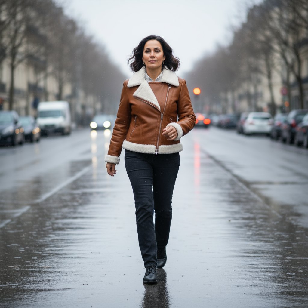 Woman walking on a wet street wearing a brown leather jacket with white fur trim.