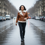 Woman walking on a wet street wearing a brown leather jacket with white fur trim.