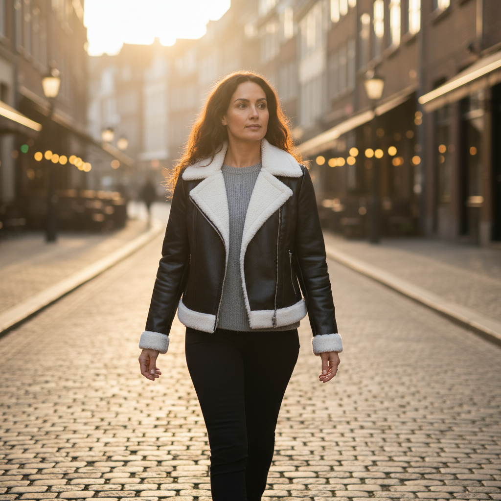 Woman in a black leather jacket with white fur trim walking on a cobblestone street.