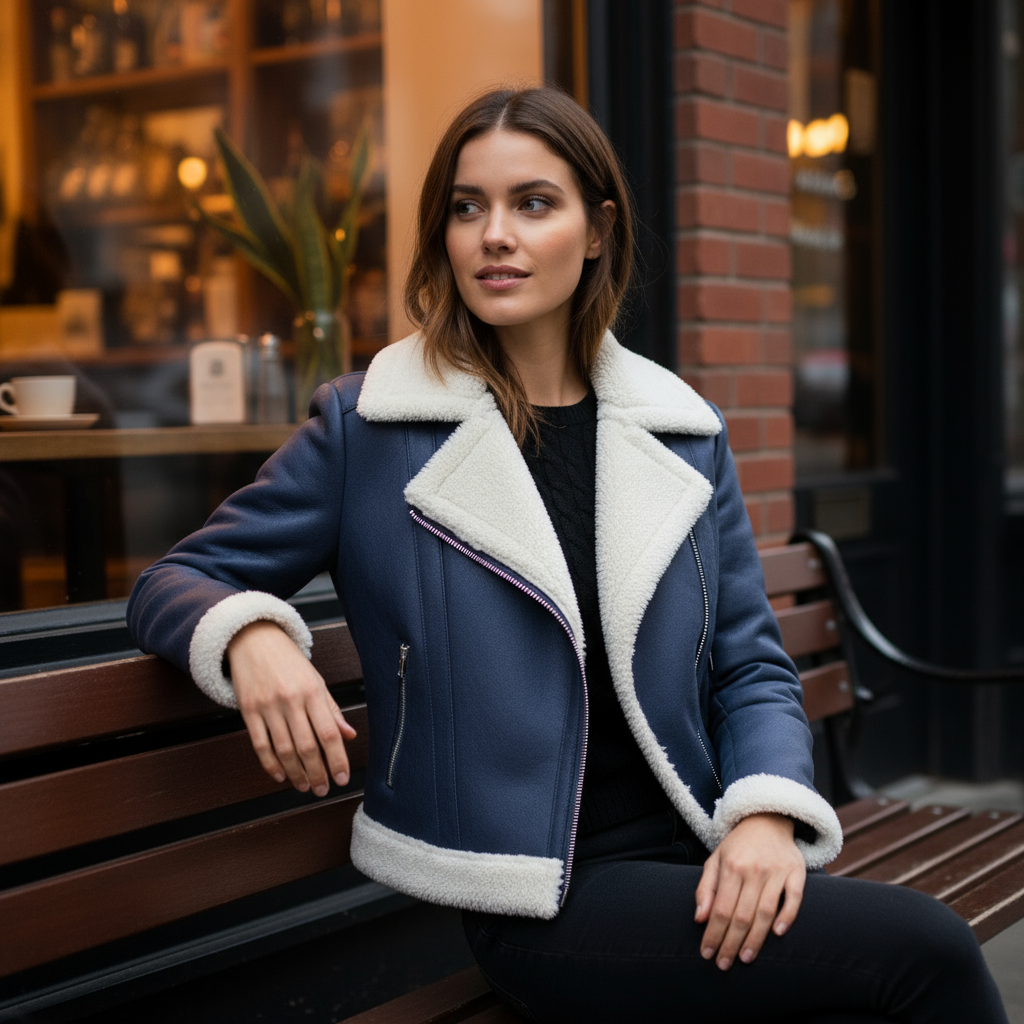 Woman wearing a blue jacket with white fur trim sitting on a bench in an urban setting.
