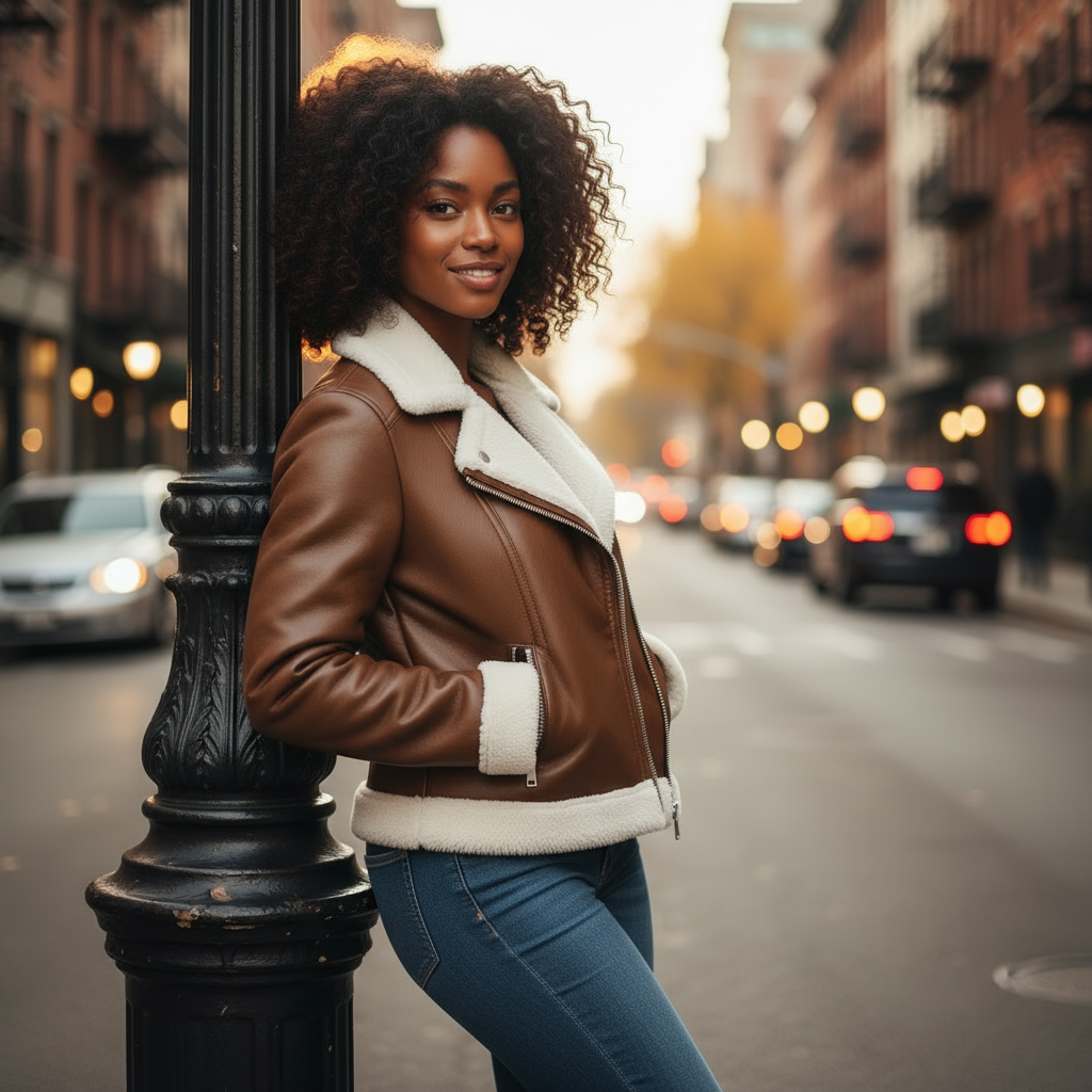 Woman in a brown leather jacket with white fur lining standing on a city street.