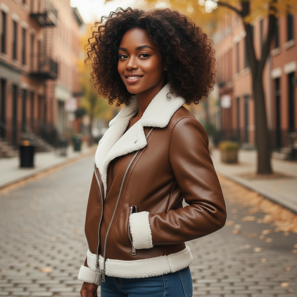 Woman wearing a brown leather jacket with white fur lining on a street.