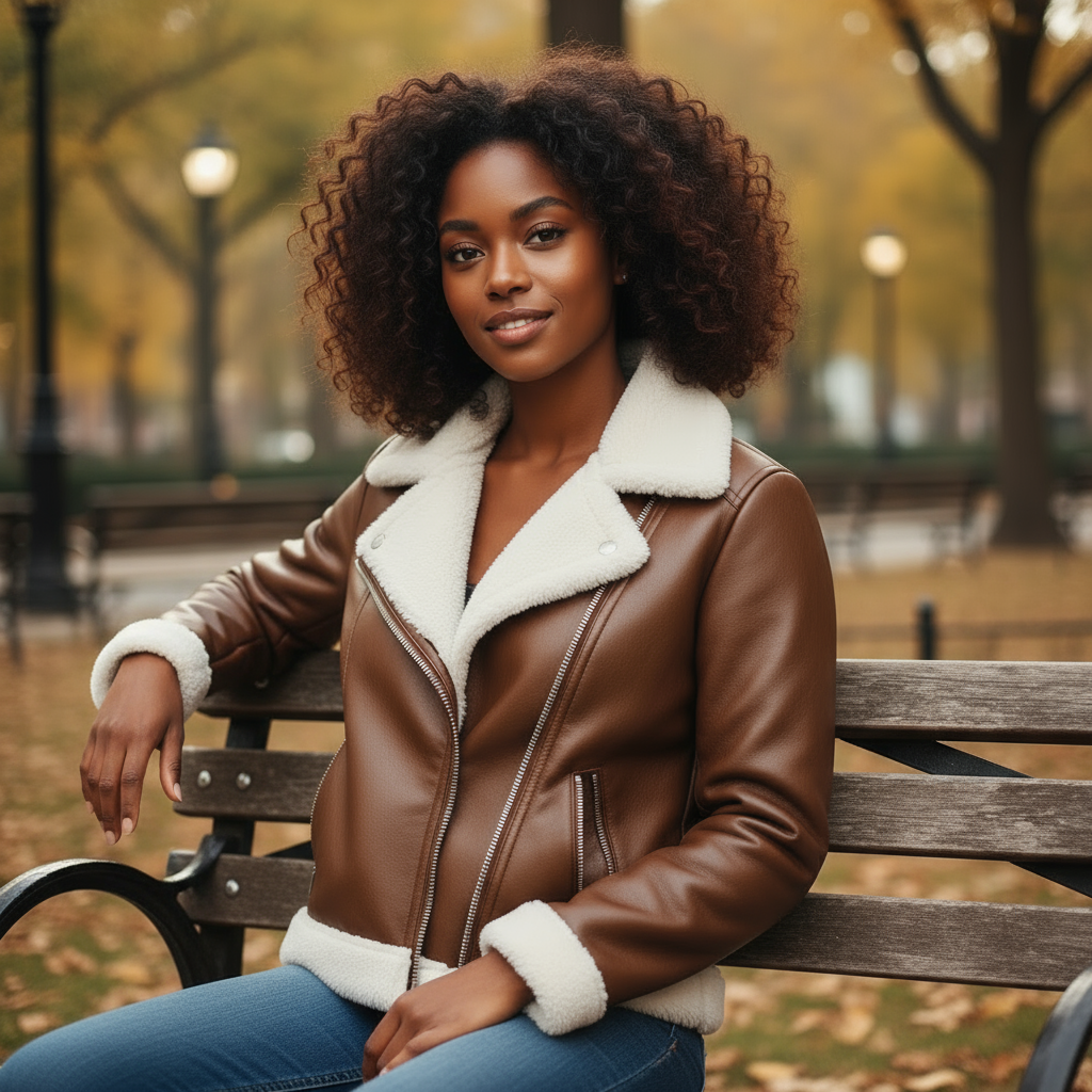 Woman in a brown leather jacket with white fur trim sitting on a park bench.