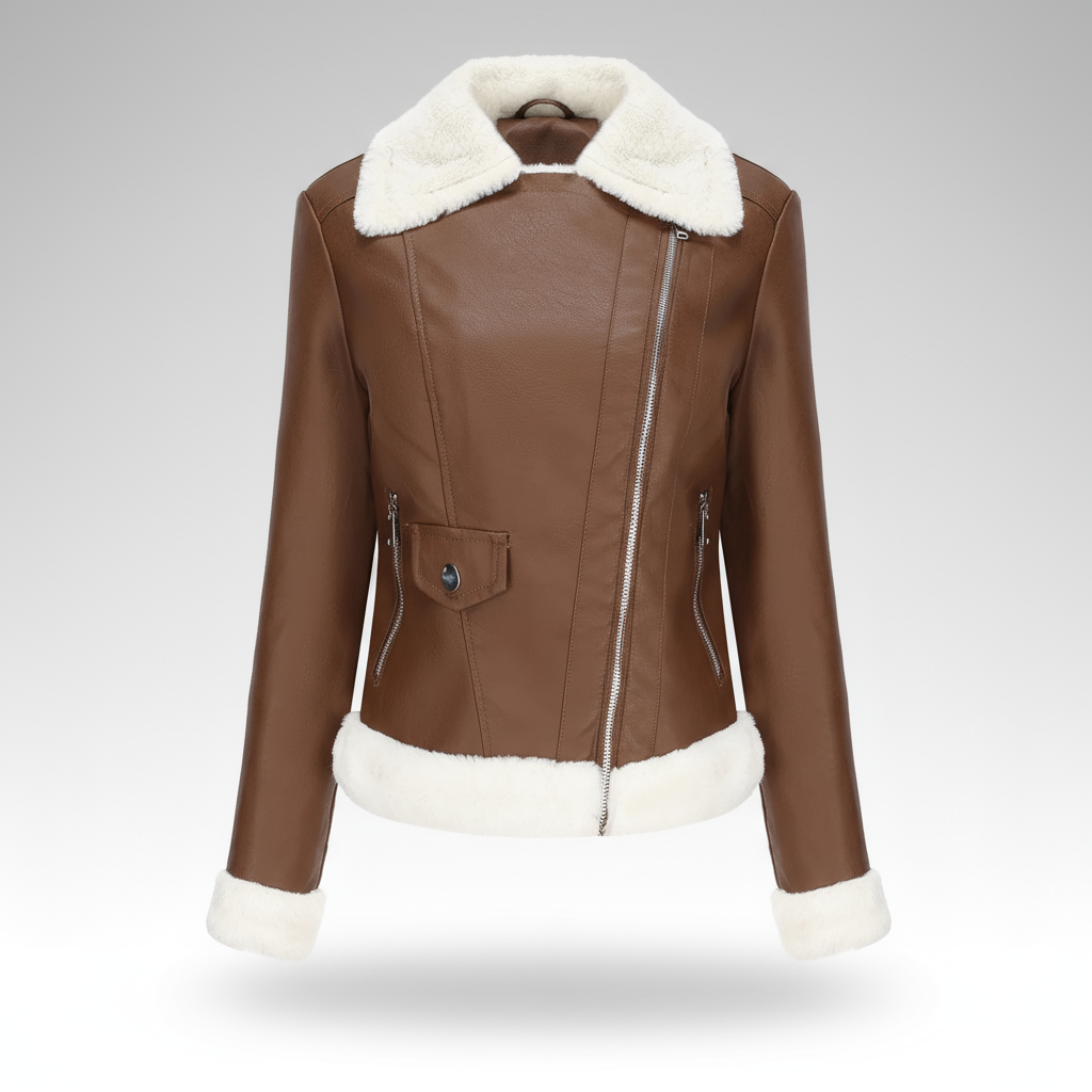 Brown leather jacket with white fur lining on a gray background