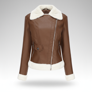 Brown leather jacket with white fur lining on a gray background