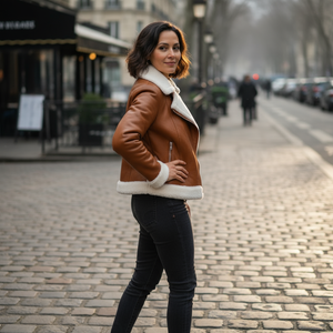 Woman wearing a brown leather jacket with white fur trim on a city street.