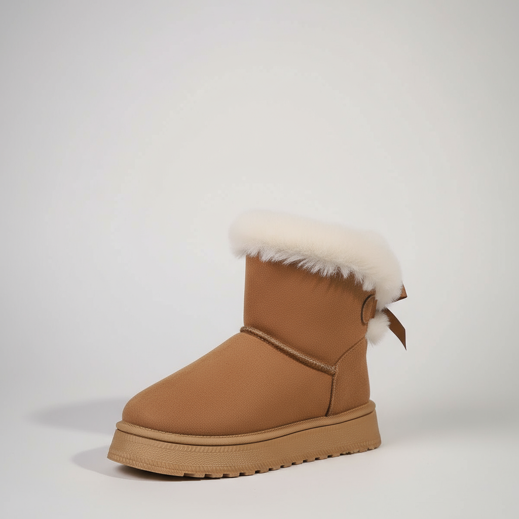 Tan winter boot with white fur trim on a light gray background