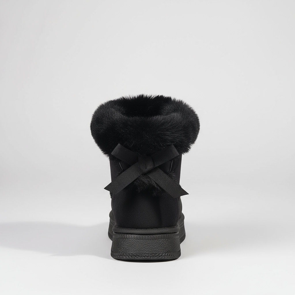 Black fur-trimmed boot on a white background