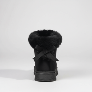 Black fur-trimmed boot on a white background