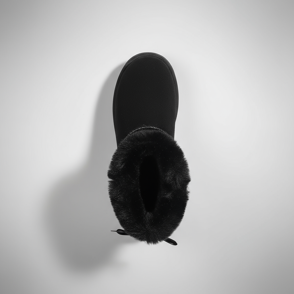 Black ankle boot with fur trim on a light gray background