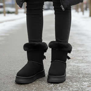 Black snow boots with fur trim worn by a person on a snowy ground.