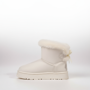 White winter boot with fur lining on a white background