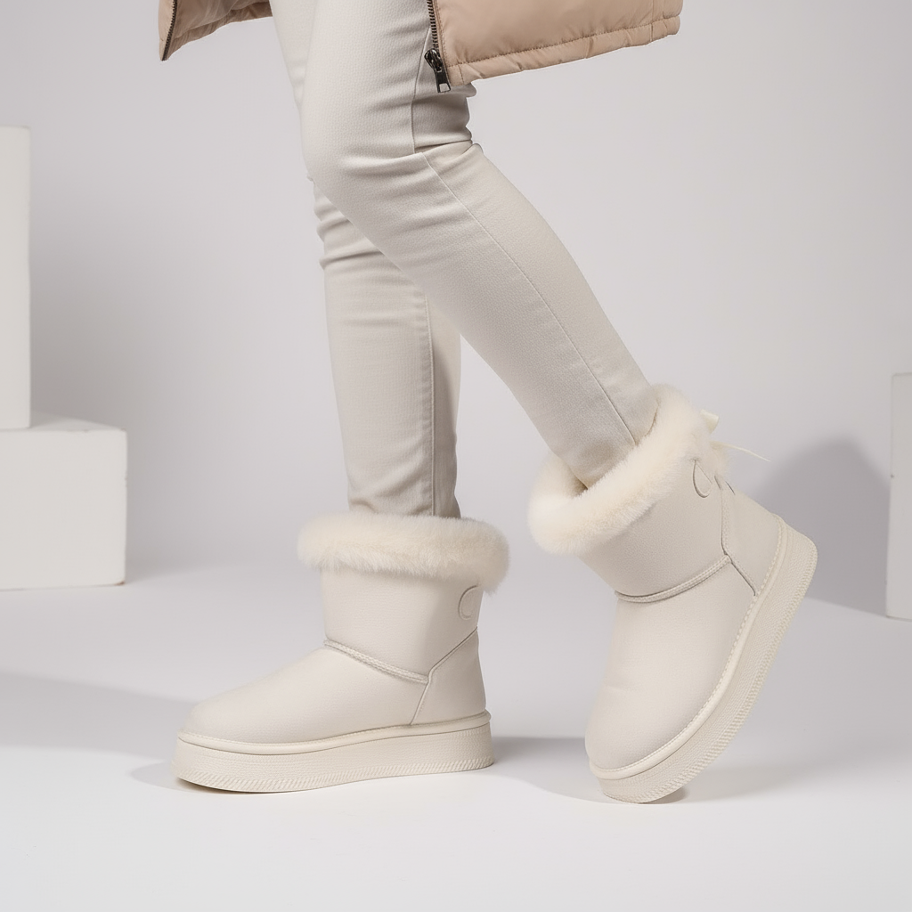 White winter boots with fur trim worn by a person on a light gray background