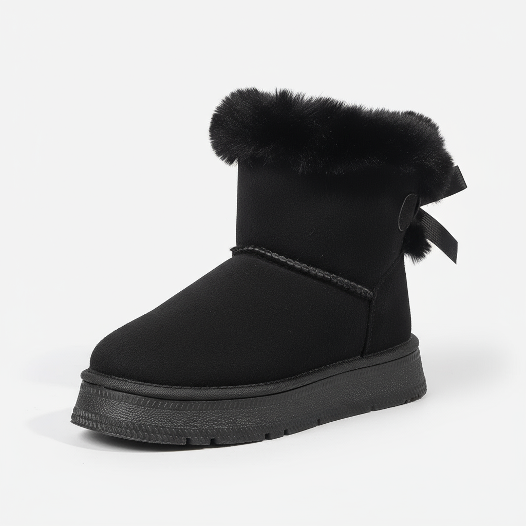 Black snow boot with fur trim on a white background