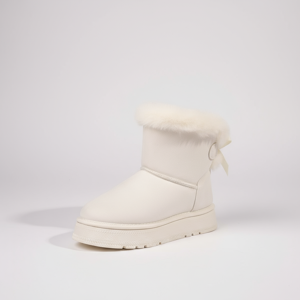 White winter boot with fur trim on a light gray background