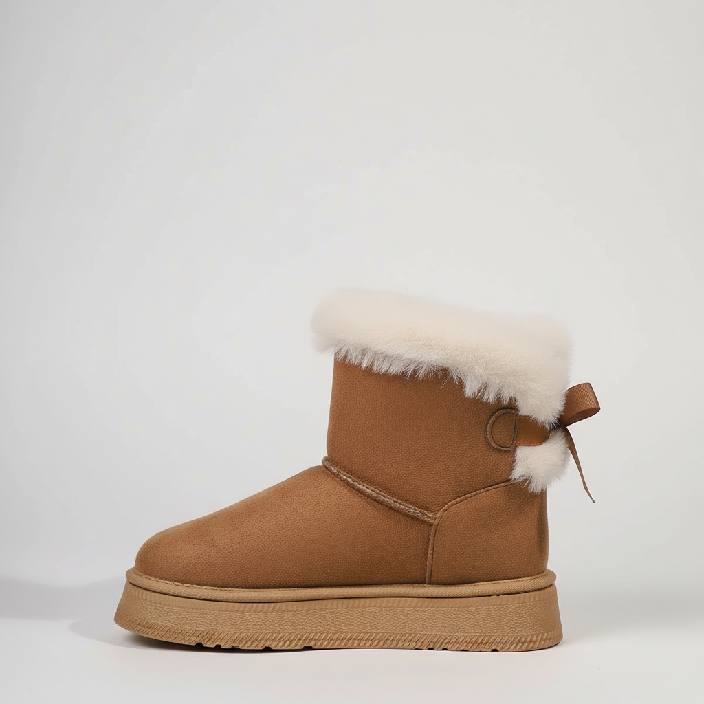Brown winter boot with white fur trim on a light gray background