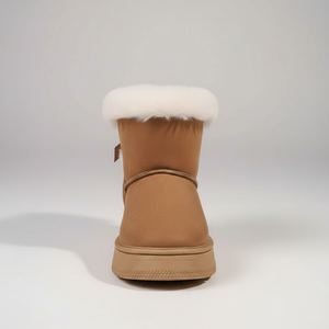 Tan winter boot with white fur lining on a light gray background