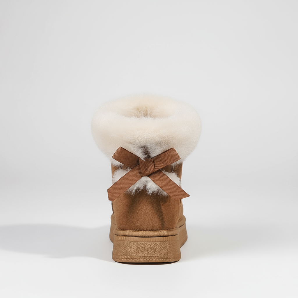 Tan shoe with white fur pom-pom and brown bow on a white background