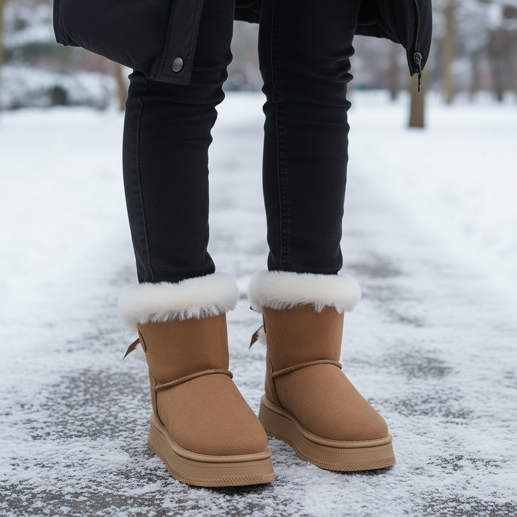 Tan winter boots with white fur trim worn on a snowy ground.