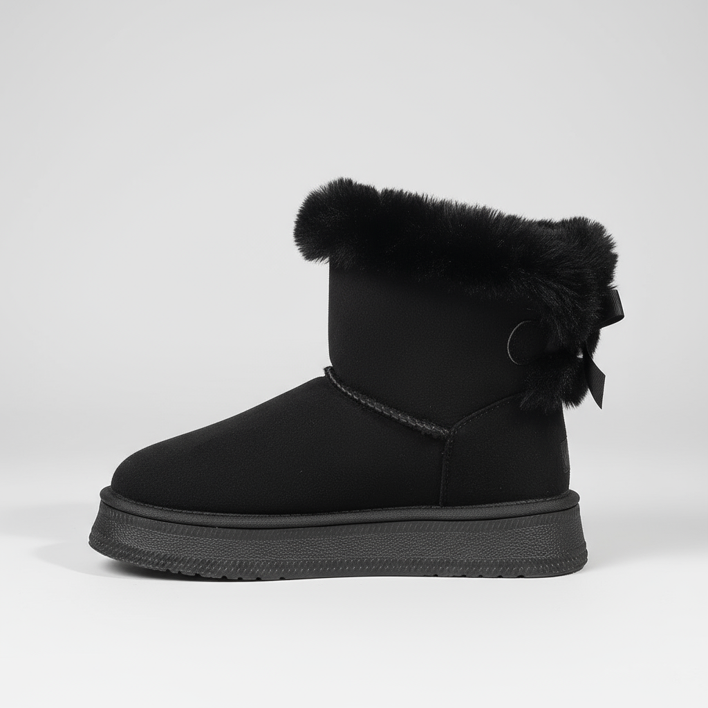 Black snow boot with fur trim and a bow on a light gray background