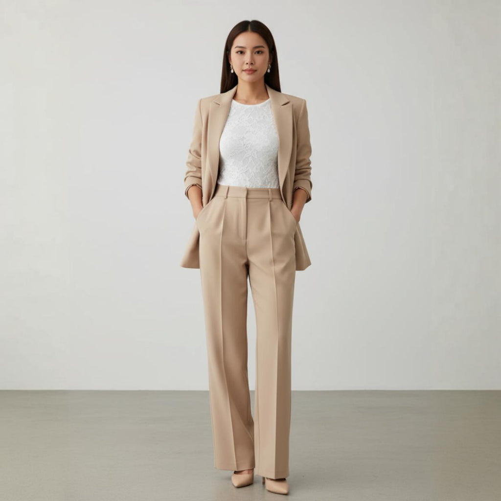 Woman wearing a beige suit with a white top against a plain background