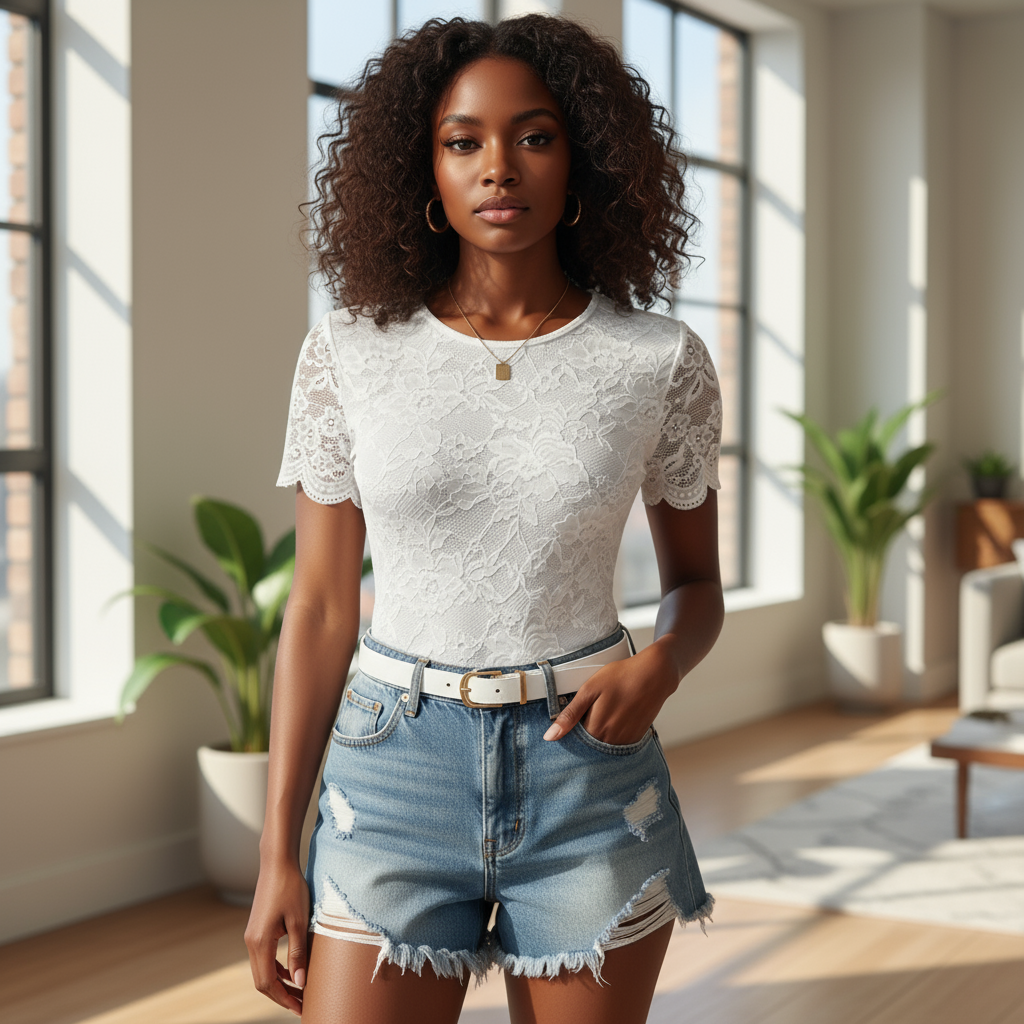 Woman wearing a white lace top and denim shorts in a bright room with large windows.