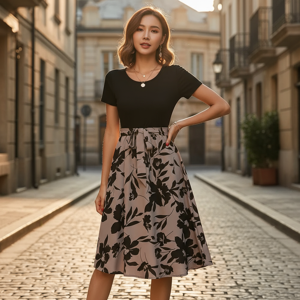 Woman in a black top and floral skirt standing on a cobblestone street.