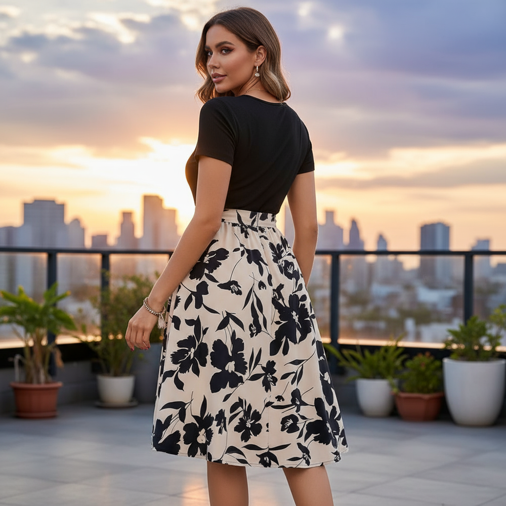 Woman in a black and white floral dress standing on a rooftop with city skyline in the background