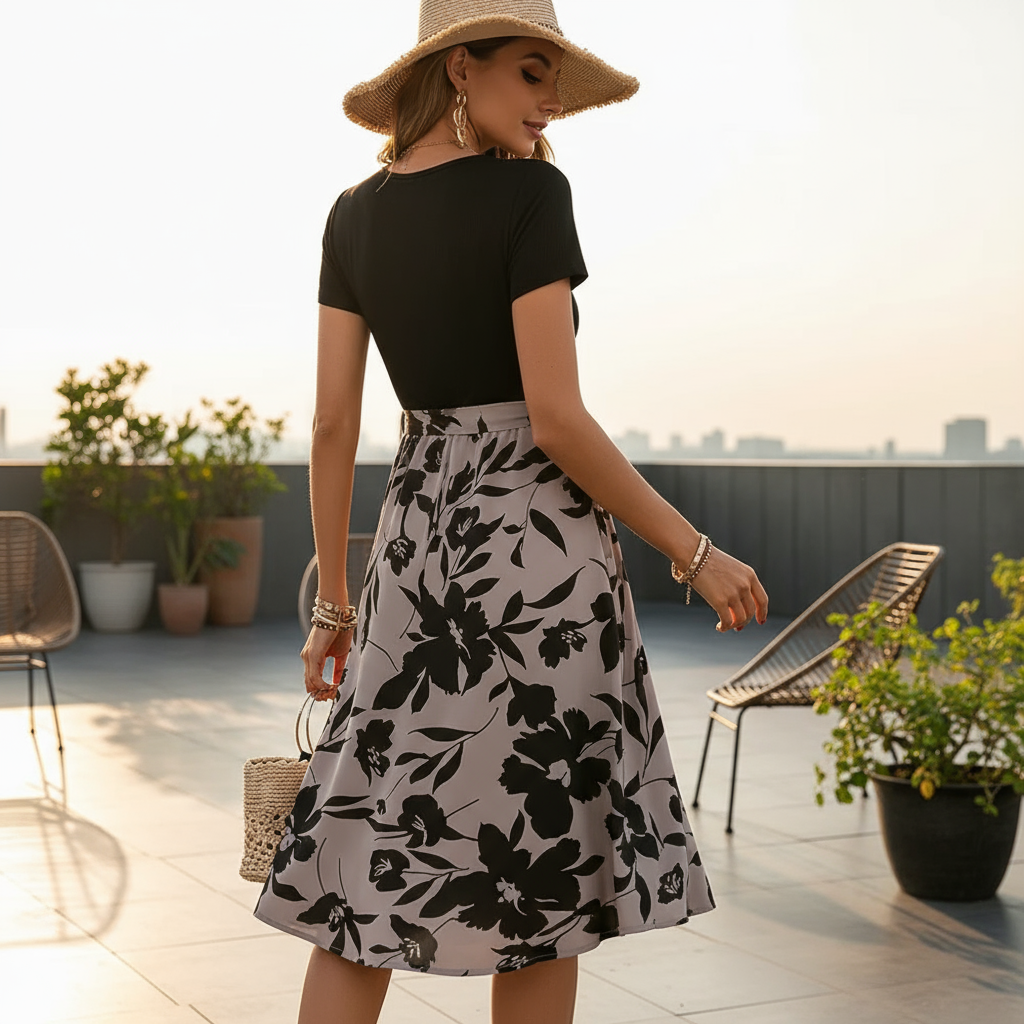 Woman in a black and white floral dress on a rooftop with plants and chairs.