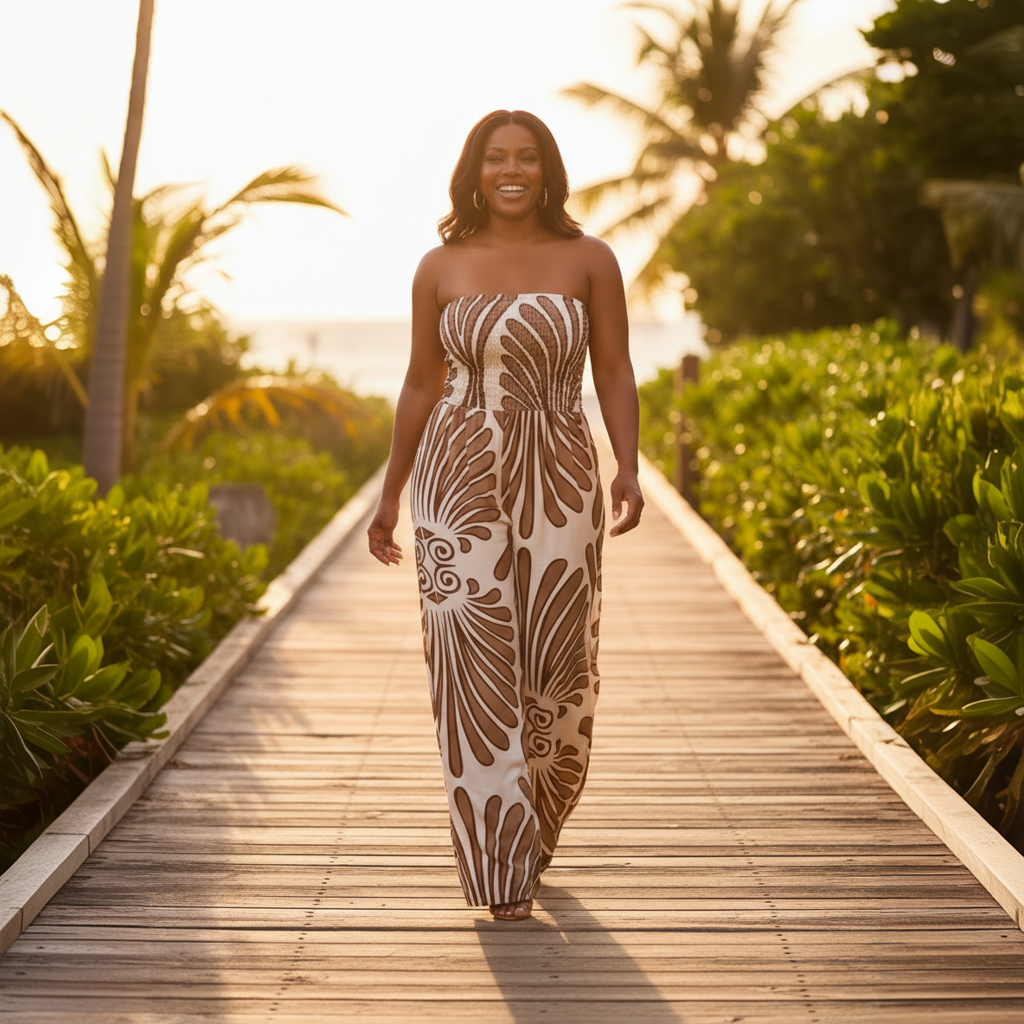 Woman in a strapless dress walking on a wooden path with greenery and palm trees in the background.
