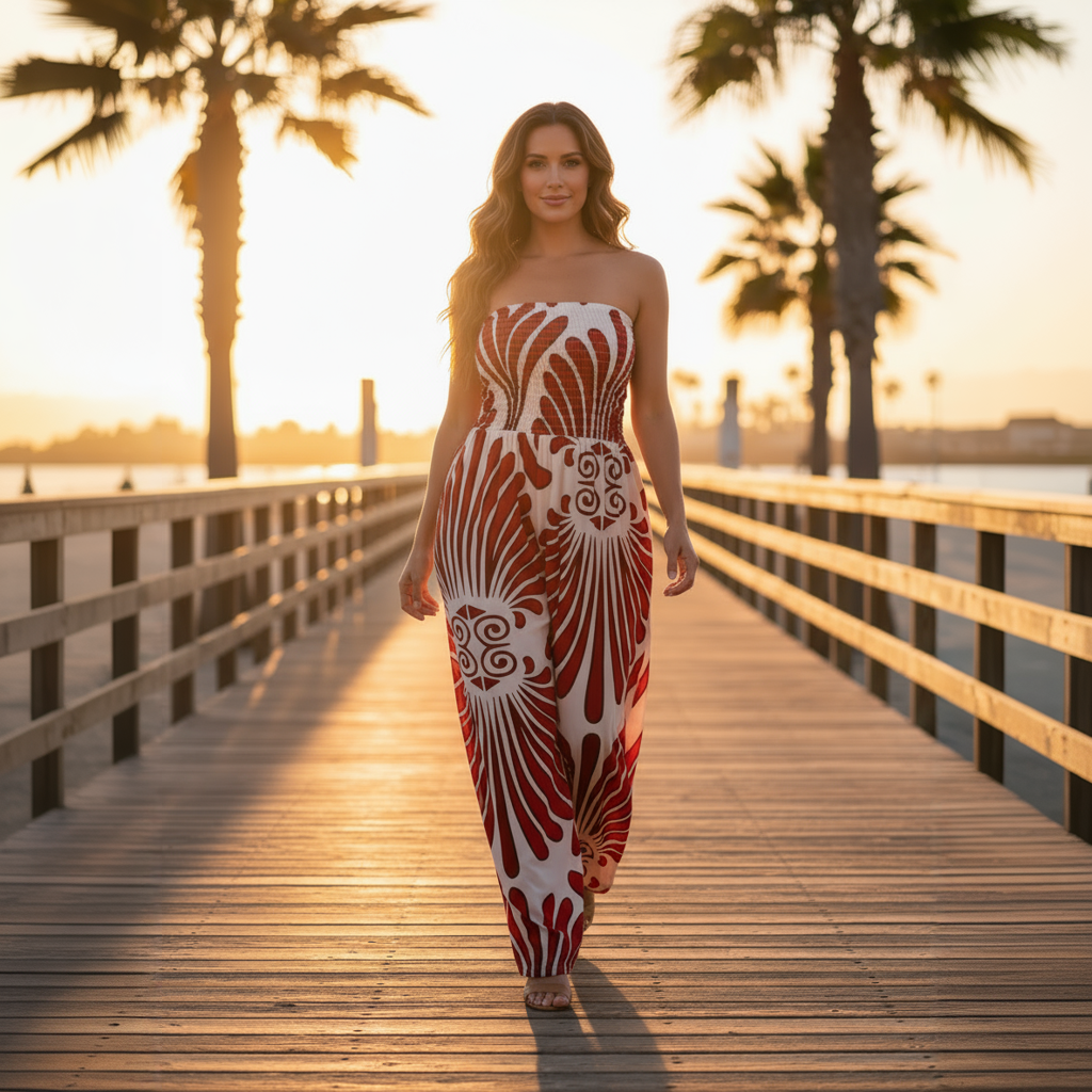 Woman in a strapless dress with red and white pattern walking on a wooden pier with palm trees.