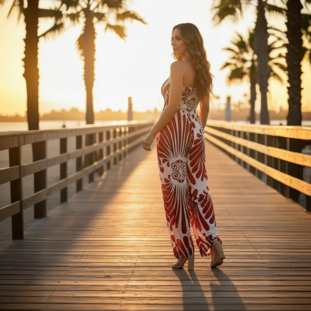 Woman in a red and white patterned dress walking on a wooden pier with palm trees in the background.