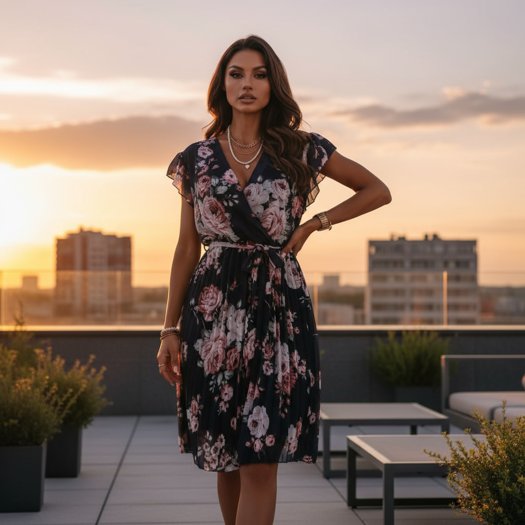 Woman in a floral dress standing on a rooftop with a cityscape background during sunset.