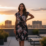 Woman in a floral dress standing on a rooftop with a cityscape background during sunset.