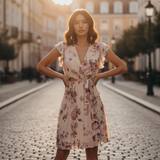 Woman in a floral dress standing on a sunlit street.