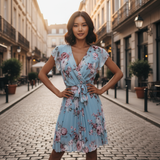 Woman in a floral dress standing on a cobbled street in an urban setting