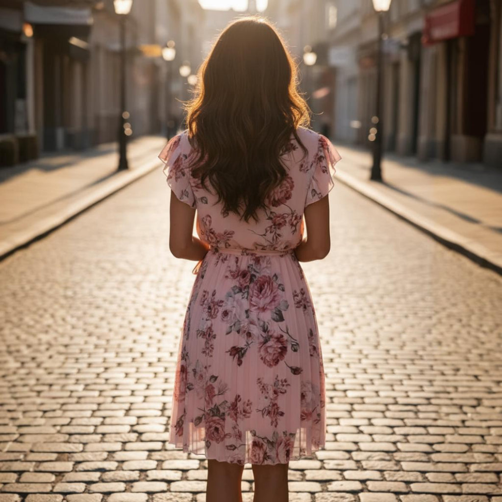 Woman in a floral dress standing on a cobblestone street with sunlight filtering through.