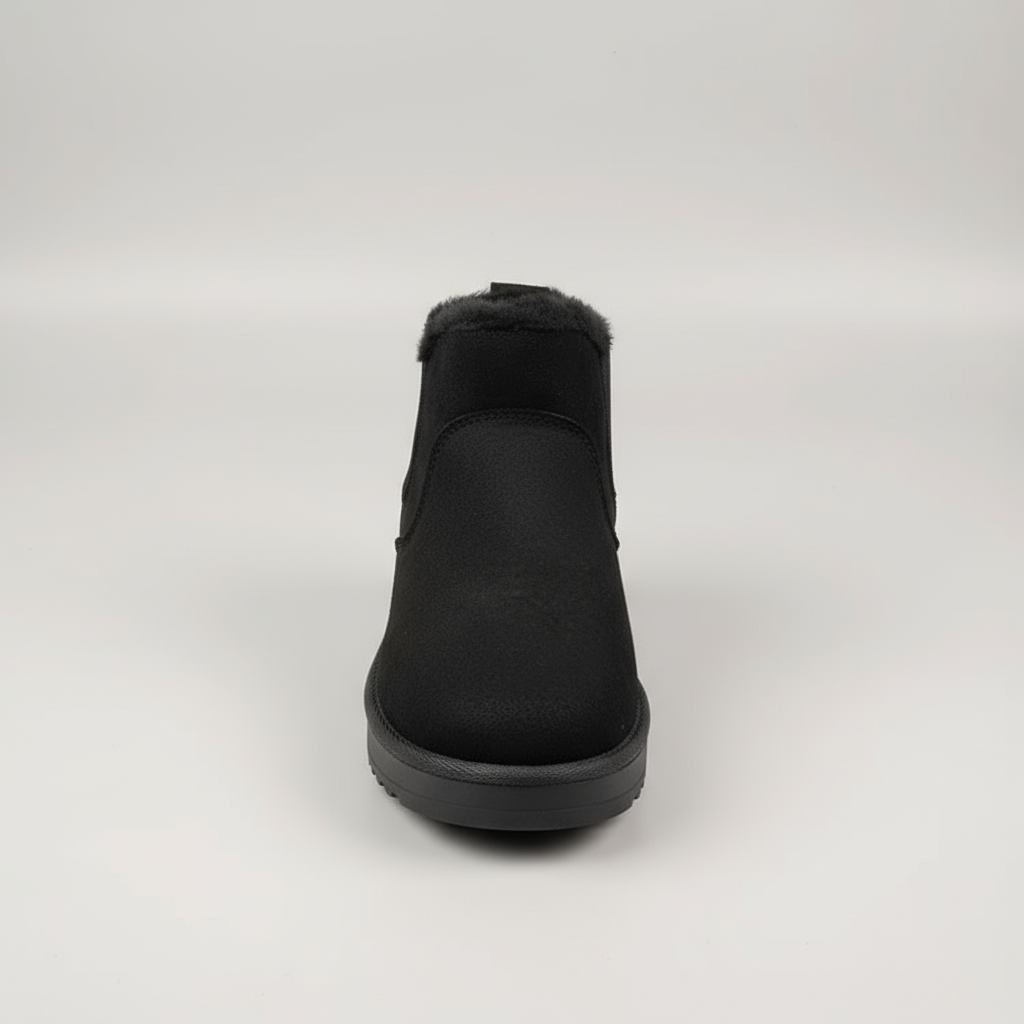Black slip-on shoe with fur trim on a light gray background