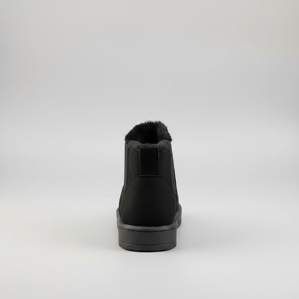 Black ankle boot with fur lining on a light gray background
