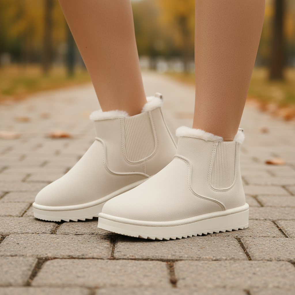 White winter boots with fur trim worn on a paved path with blurred autumn background
