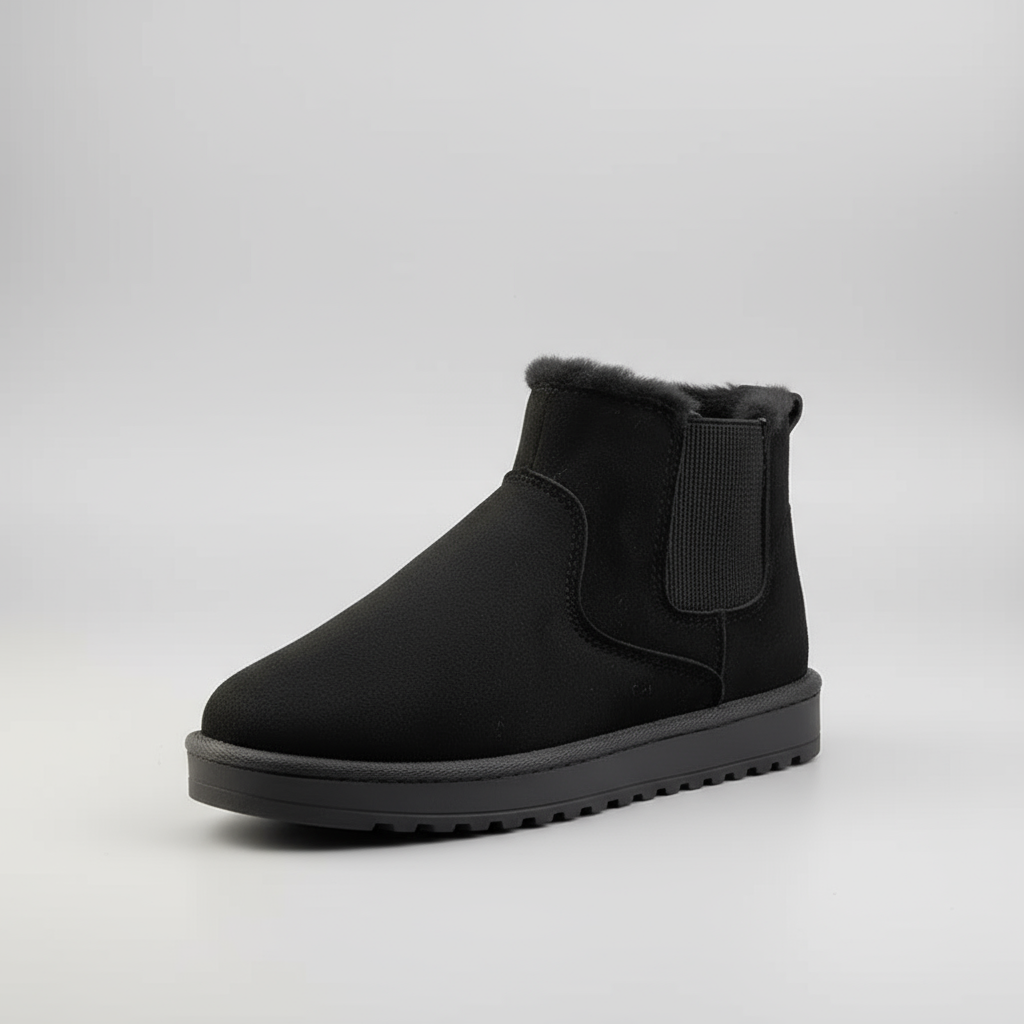 Black ankle boot with a white background