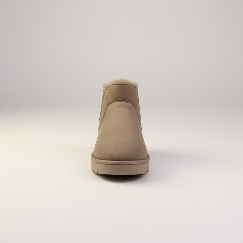 Beige ankle boot with fur lining on a white background