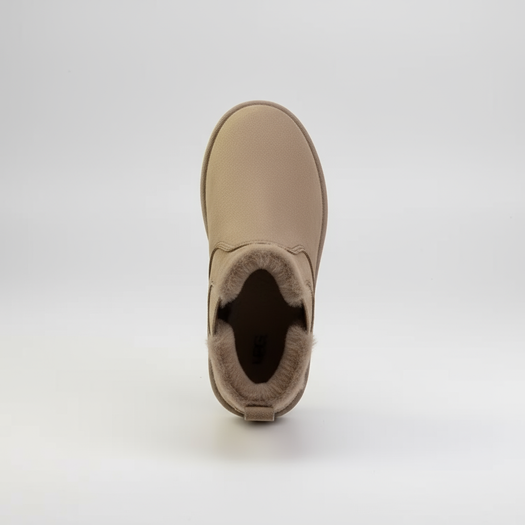 Tan ankle boot with fur lining on a white background
